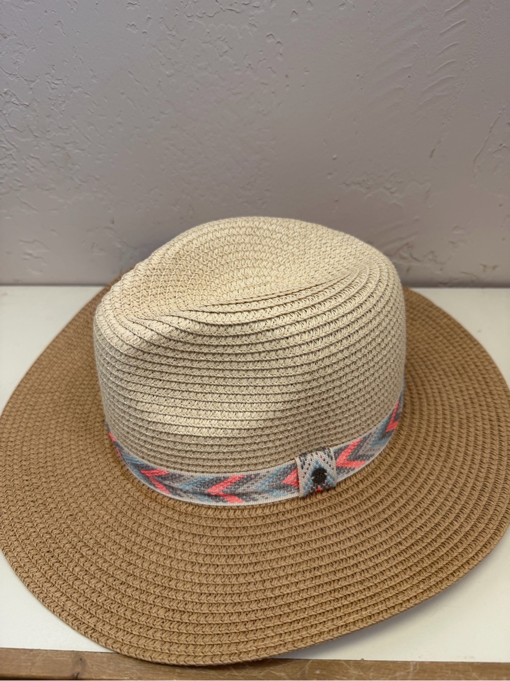 Eddie Bauer Packable Sun Hat Tan & Cream Wide Brim Adjustable Travel Hat M/L